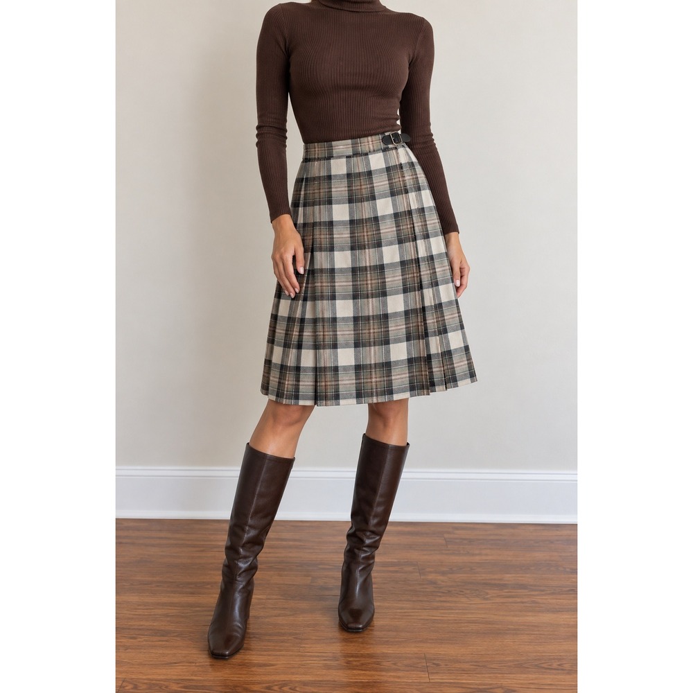 Vintage Tally Ho Wool Tartan Wrap Kilt Skirt Women 6 Plaid Pleats Dark Academia